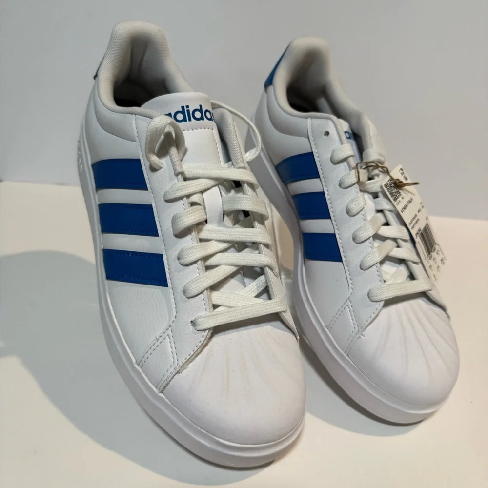 adidas White Sneakers with Blue Three-Stripes - NWT